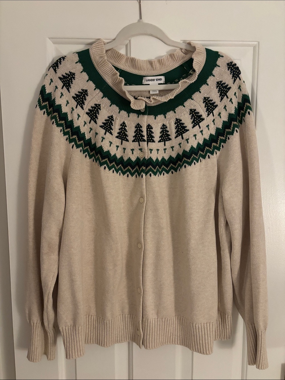 Lands' End Cream Cardigan with Green & Black Fair Isle Yoke